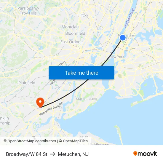 Broadway/W 84 St to Metuchen, NJ map
