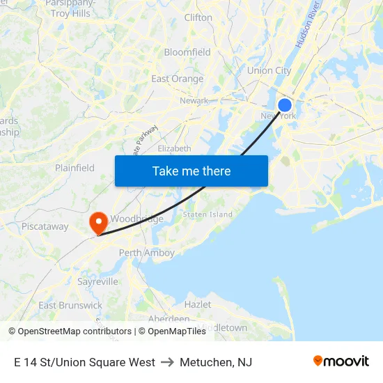 E 14 St/Union Square West to Metuchen, NJ map
