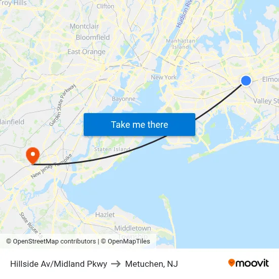 Hillside Av/Midland Pkwy to Metuchen, NJ map