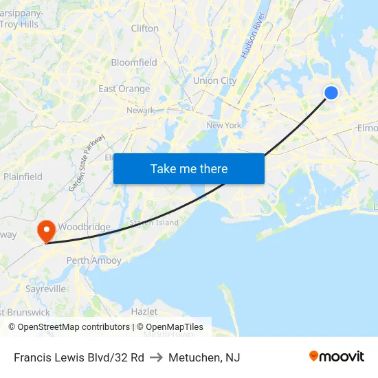 Francis Lewis Blvd/32 Rd to Metuchen, NJ map