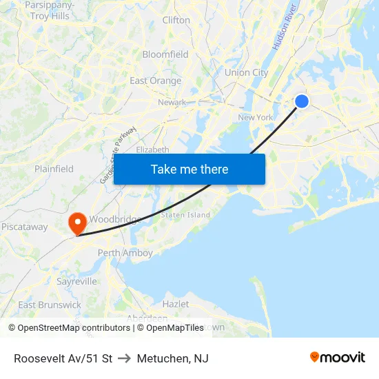 Roosevelt Av/51 St to Metuchen, NJ map