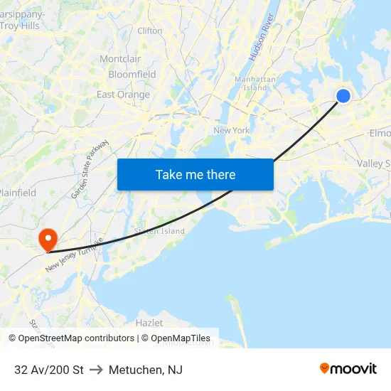 32 Av/200 St to Metuchen, NJ map