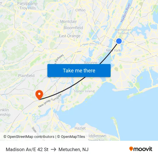Madison Av/E 42 St to Metuchen, NJ map