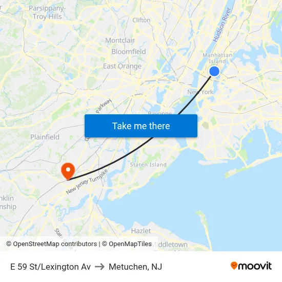 E 59 St/Lexington Av to Metuchen, NJ map