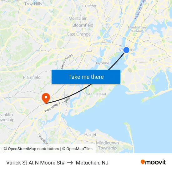 Varick St At N Moore St# to Metuchen, NJ map