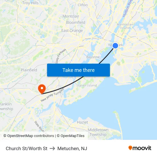 Church St/Worth St to Metuchen, NJ map