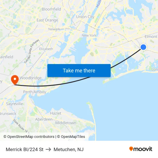Merrick Bl/224 St to Metuchen, NJ map