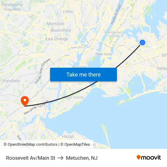 Roosevelt Av/Main St to Metuchen, NJ map
