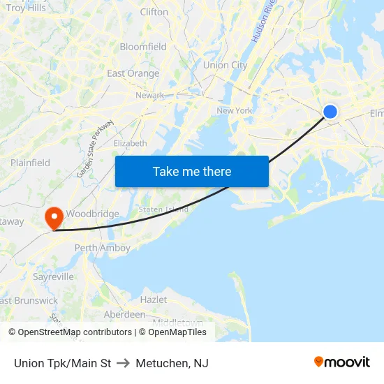 Union Tpk/Main St to Metuchen, NJ map