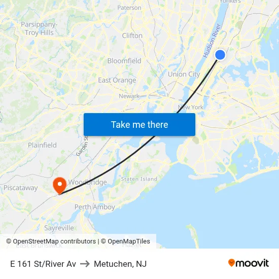 E 161 St/River Av to Metuchen, NJ map