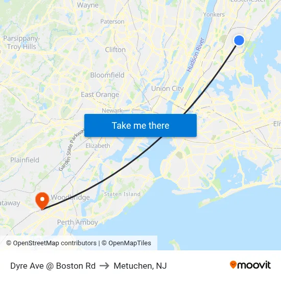 Dyre Ave @ Boston Rd to Metuchen, NJ map