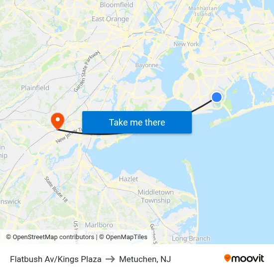 Flatbush Av/Kings Plaza to Metuchen, NJ map