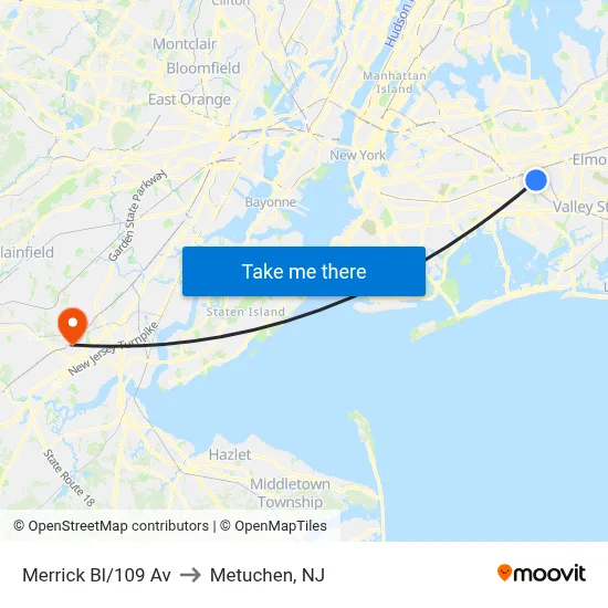 Merrick Bl/109 Av to Metuchen, NJ map