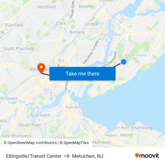 Eltingville/Transit Center to Metuchen, NJ map