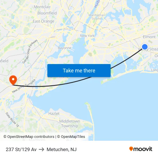 237 St/129 Av to Metuchen, NJ map