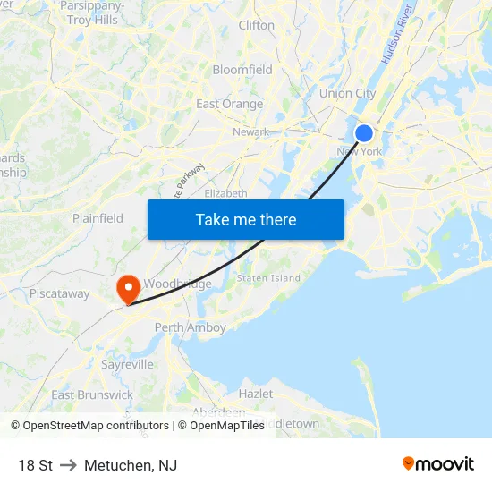 18 St to Metuchen, NJ map