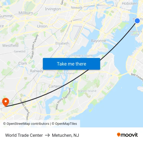 World Trade Center to Metuchen, NJ map
