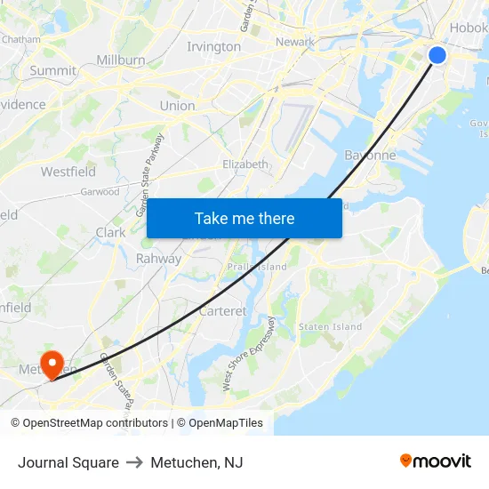 Journal Square to Metuchen, NJ map