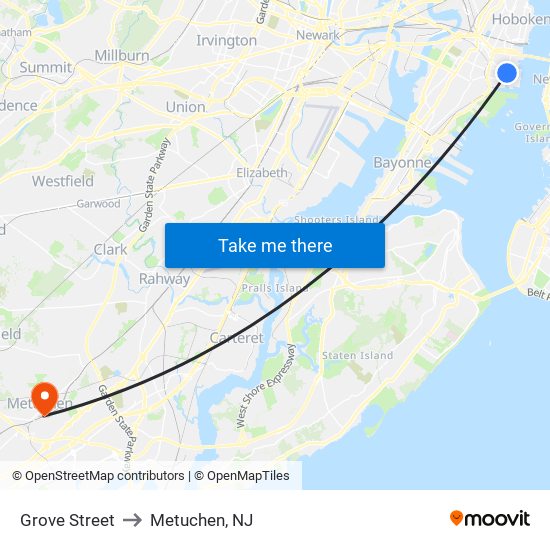 Grove Street to Metuchen, NJ map
