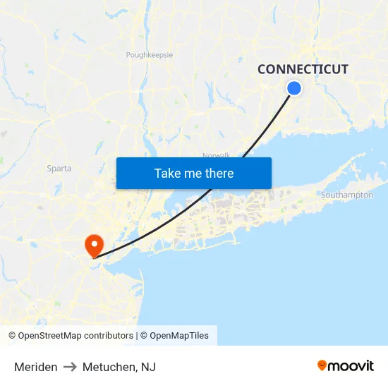 Meriden to Metuchen, NJ map