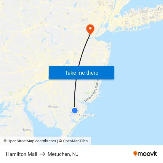 Hamilton Mall to Metuchen, NJ map