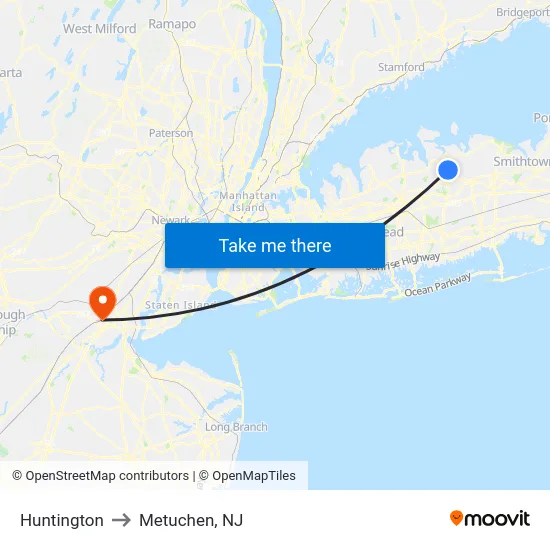 Huntington to Metuchen, NJ map