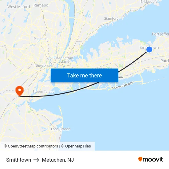 Smithtown to Metuchen, NJ map