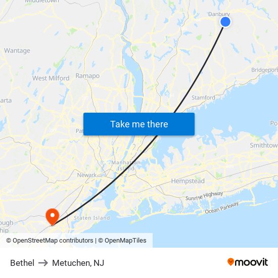 Bethel to Metuchen, NJ map