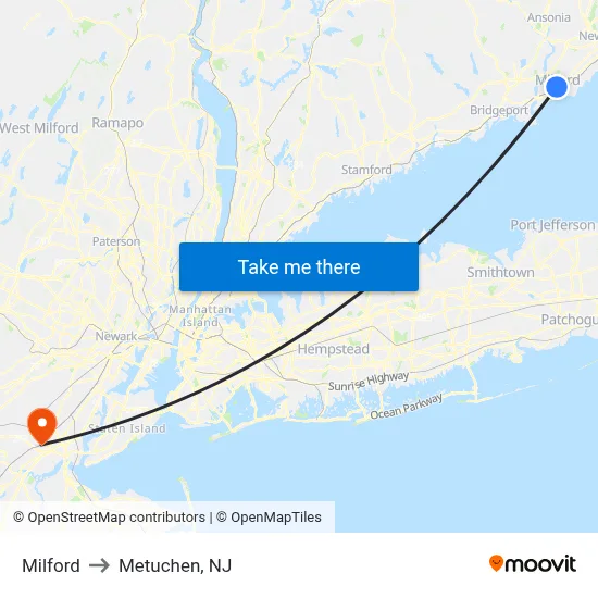 Milford to Metuchen, NJ map