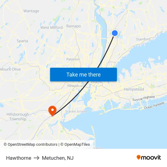 Hawthorne to Metuchen, NJ map