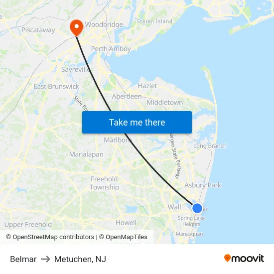 Belmar to Metuchen, NJ map