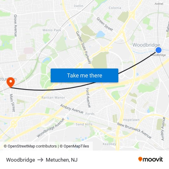 Woodbridge to Metuchen, NJ map