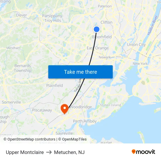 Upper Montclaire to Metuchen, NJ map