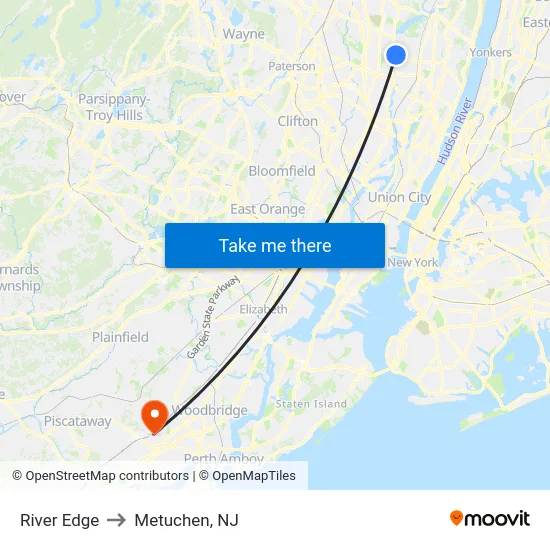River Edge to Metuchen, NJ map