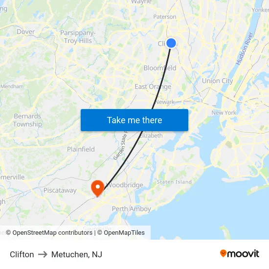 Clifton to Metuchen, NJ map