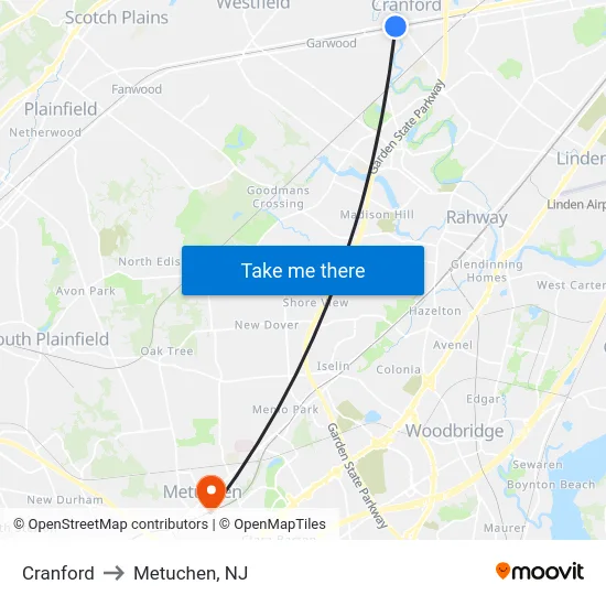 Cranford to Metuchen, NJ map