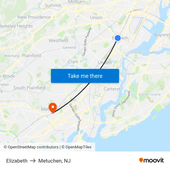 Elizabeth to Metuchen, NJ map