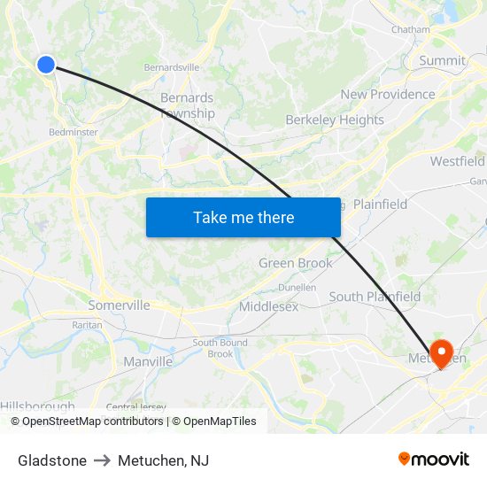 Gladstone to Metuchen, NJ map