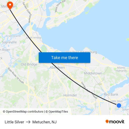 Little Silver to Metuchen, NJ map