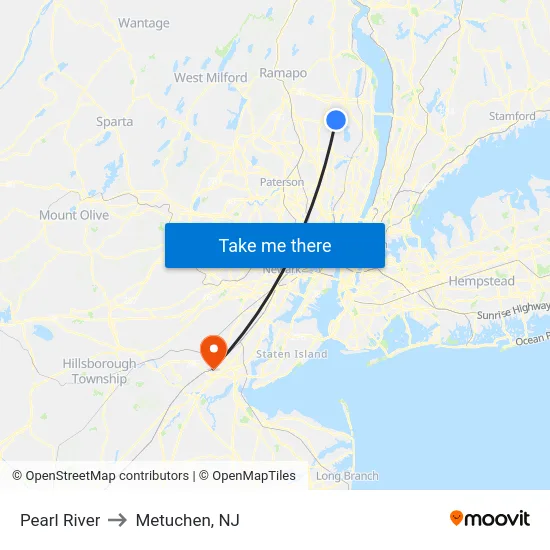 Pearl River to Metuchen, NJ map