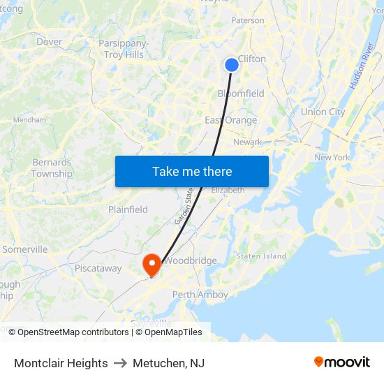 Montclair Heights to Metuchen, NJ map