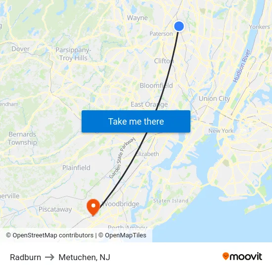 Radburn to Metuchen, NJ map