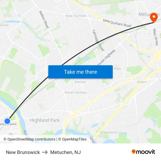New Brunswick to Metuchen, NJ map