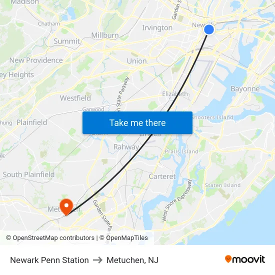 Newark Penn Station to Metuchen, NJ map