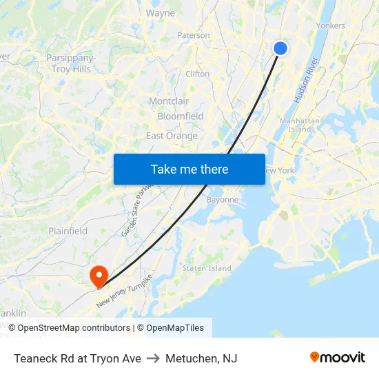 Teaneck Rd at Tryon Ave to Metuchen, NJ map