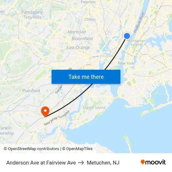 Anderson Ave at Fairview Ave to Metuchen, NJ map