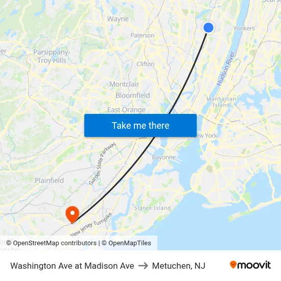 Washington Ave at Madison Ave to Metuchen, NJ map