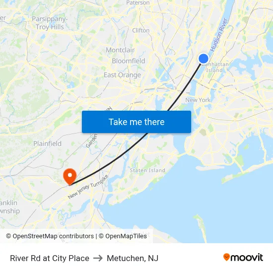 River Rd at City Place to Metuchen, NJ map