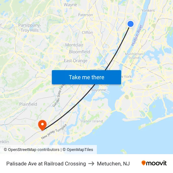 Palisade Ave at Railroad Crossing to Metuchen, NJ map