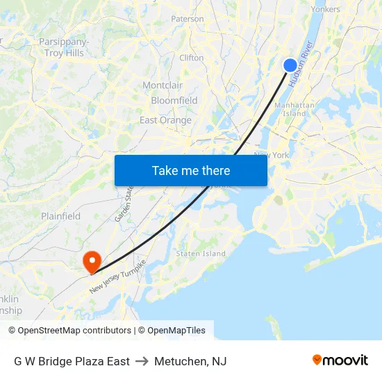 G W Bridge Plaza East to Metuchen, NJ map